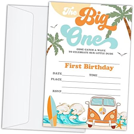 Karte za rođendanske pozivnice sa koverte od 20 - retro surf van za surfanje na dasku na dasku na plaži na plaži za djecu, dječake ili djevojke, dječja zabava, zalihe / bday046