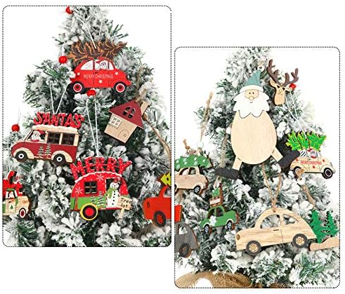 16 komada Božić drveni viseći ukrasi crveni auto kamion Santa Claus kuća na drvetu Elk drveni viseći zanat za Božićno uređenje doma