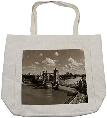 Ambesonne putna torba za kupovinu, Tower Bridge u londonskom gradu oblačno nebo stari istorijski gradski pejzaž Nostalgia Engleska, ekološka torba za višekratnu upotrebu za namirnice plaža i još mnogo toga, 15,5 X 14,5, krema