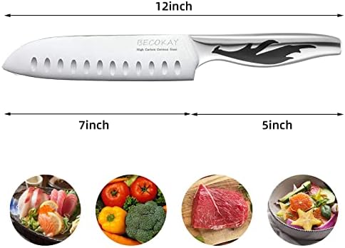 Becokay Serrirani noževi odresci 4, 7 inčni santoku nož, ultra oštri kuharski noževi, azijski japanski nož od nehrđajućeg čelika visokog ugljika sa full tang ručka poklon futrola za kuhinjsko meso