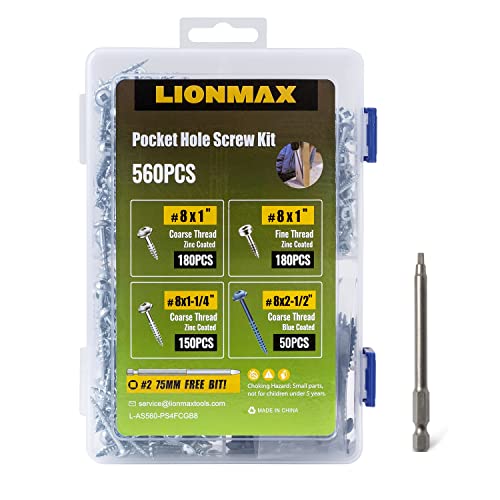 Lionmax džepni Vijci za rupe asortiman Kit 560kom, 8 x 1, 8 x 1-1 / 4, 8 x 2-1/2 džepni Vijci za drvo, grubi konac, fini konac, 75mm kvadratni pogon uključen