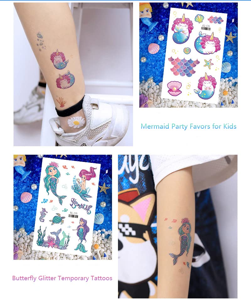 RENUIS svjetlucave privremene tetovaže za djevojčice, 20 listova Mermaid Butterfly Fairy Flowers