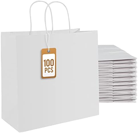 Paicuike White Kraft papirske torbe s ručkom 11 × 5,9 × 11 100pcs Party Favorit Bagers, Kupovina Vjenčanje, Vanjske torbe, rođendan, proslava Poklon paket