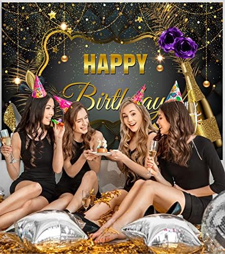 InMemory crna i Zlatna pozadina za Sretan rođendan baner za žene sa šljokicama šampanjac s