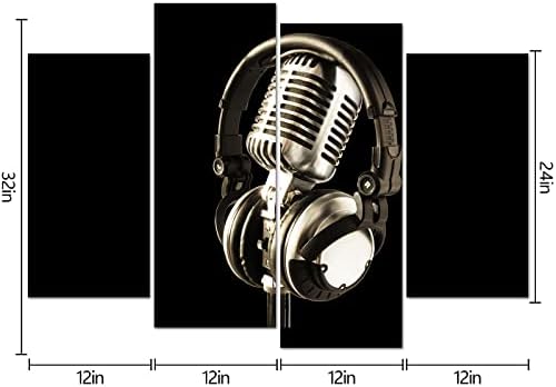 VVOVV zidni dekor mikrofon muzika slika platno Print slušalice platno Wall Art crno-bijelo muzičko slikarstvo savremena muzička soba dekoracije uokvireno platno umjetničko djelo Velike 4 ploče