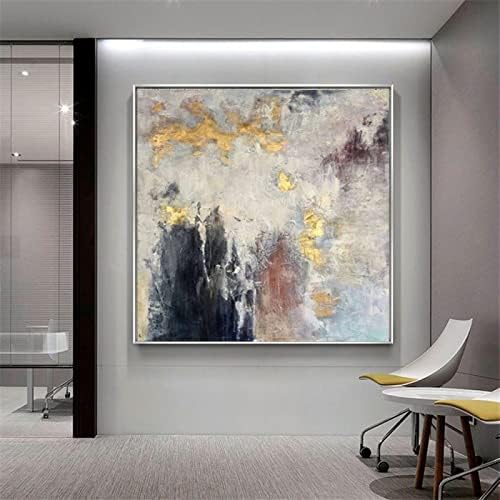 SHOUJIQQ ručno oslikana Umjetnost teksturirana uljana slika - apstraktna Fina zlatna folija pejzažna kvadratna Zidna dekoracija platna uljana slika zidna umjetnica dekoracija spavaće sobe,Neuramljena, 140X140Cm