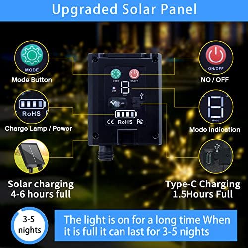 ZRJNLED 6 paket solarna vatromet svjetla vanjski vodootporan, 120 LED USB C punjenje vrt svjetla 8 režimi