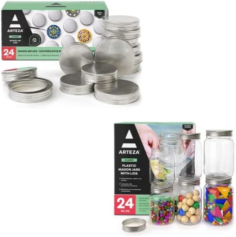 Arteza Mason Jar poklopci, 24 pakovanja i Arteza Mason tegle, 12 plastičnih tegli, zanatske potrepštine