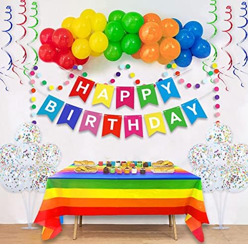 Happy Rođendan Baner, 77pcs Rainbow Rođendan ukras sa stolnom krugom točkice Garland Viseći Swirls Latex Confetti Baloni Rođendan za rođendan za djevojke Dječje Djeca muškarci