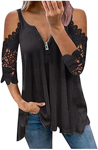 Plus veličina hladnog ramena majica za žene zip v izrez Dressy majice čipka šuplje bluze od punog ležernih