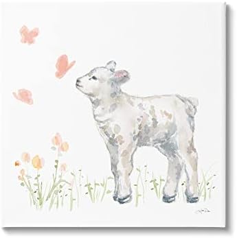 Stupell Industries Sweet Baby Lamb Leptir Meadow Platno Zidna umjetnost, Dizajn Katrina Pete