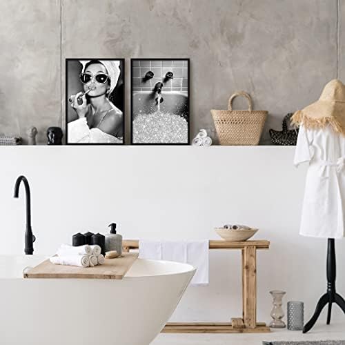 Kupatilo dekor zid Art Prints Glam Glitter tkiva kupaonica Artwork za zid crno-bijele moderne mode žene smiješno kupatilo zid Art Set 4