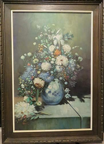 Prekrasno ulje slikarstvo umjetnika V.G. Ramos cvijeća u vazi. Sam umjetničko platno izmere 36 u x 24 in. Sa okvirom, 44 u x 31 in. VG Ramos je oslikao mnoge indijske slike. Ovo je prvo što sam vidio drugačiju temu. Umjetnik V.G. Ramos ulje slika Cvijeće u vazi, platno 36 u x 24 u, okvir, 44 u