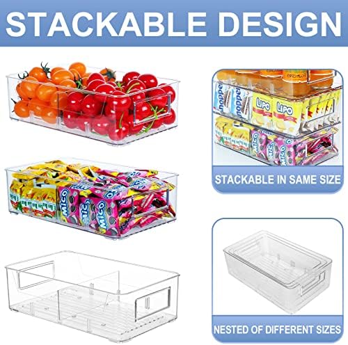 Plastic Storage Bins, ESARORA Stackable Clear Organizer Bins with Handle and Divider for Fridge, Cabinet, Bedroom, Closet, Bathroom, Office, Kitchen & Pantry Organization, 4 Small & 4 Medium & 4 Large