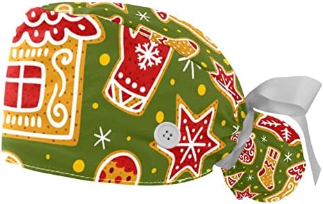 Ratgdn Medicinske kape za žene sa dugmićima Duga kosa, 2 komada podesiva radna kapa, blistavi Božić