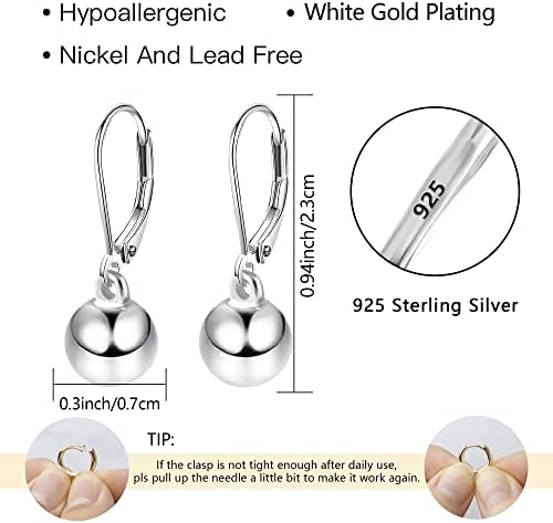 925 Sterling Silver Leverback naušnice za žene, 8mm Ball Dangle drop naušnice Moda 14k Bijelo zlato i pozlaćeni hipoalergeni nakit