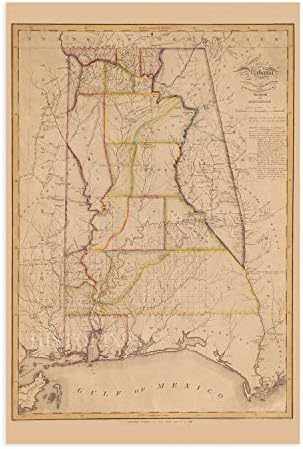 HISTORIX Vintage 1819 mapa države Alabame - 24x36 inča Vintage karta zida Alabame Umjetnost-Stari Poster Alabame - istorijska karta države Alabame izgrađena na osnovu istraživanja u općem uredu za zemljište