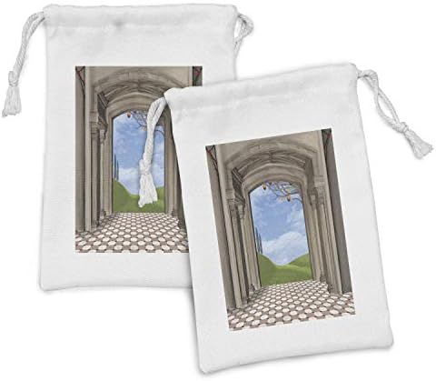 Ambesonne Country tkanina TOUCH set od 2, klasična arhitektonska ulazna ilustracija sa pozadinskim krajolikom krajolika, male torbe za vuče za toaletne potrepštine maske i favorizira, 9 x 6, plavo zeleno
