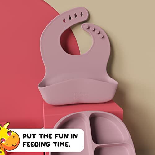 Muqee Peeko Rose Petal Pink Baby Hrana za hranjenje - Set za samohranu za bebe - usisana ploča za usisavanje ploča i posuda za hranu sa kašikom, vilicom, silikonskim bib-om, setom mirisa, čašica