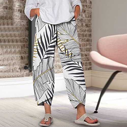 KCJGIKPOK Žene Capri hlače, široko noga elastični struk casual posteljina Capris pantalona sa džepovima