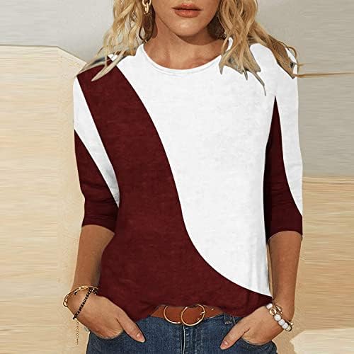 Žene 2023 modni geometrijski blok boja T Shirt proljeće Casual 3/4 rukav tunika Tops Crew Neck Slim