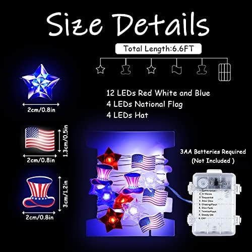 Boerni 4. jula dekoracije svjetla, crveno bijelo i plavo svjetlo, 6.5 ft 20 LED vodootporan 8 modovi američka zastava šešir zvijezde niz svjetla za Unutarnji Vanjski kućni vrt Patriotska tema dekoracije