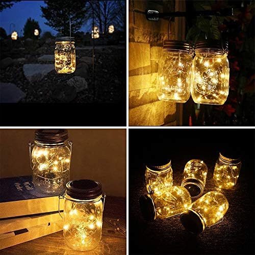 Sunkite Solar Mason Jar Lid Lights [Ažurirano], 6 pakovanja 15 LED vodootporna Fairy Firefly Jar žičana svjetla sa vješalicama, Uskršnja dekoracija za vrt u dvorištu-topla bijela