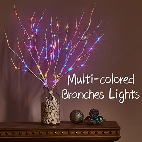 Fudios Light Birch grane sa 70 višebojne LED bajke 18in baterija, litle bijele grančice za grančice Svjetla za promjenu boja za Božićnu zabavu ukras