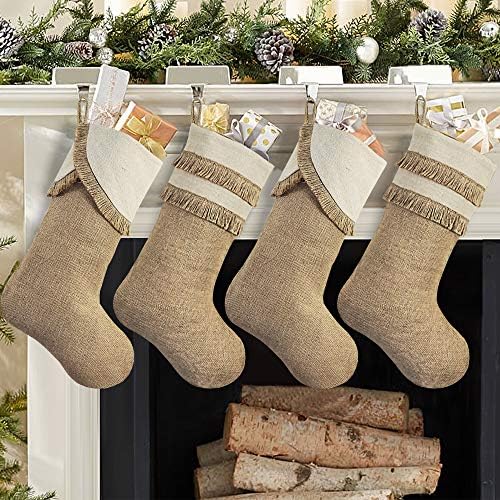 Ivenf Fringed Božićne čarape, 4 pakovanja 18 inča Velike originalne burlap čarape sa reselom, za obiteljski odmor Dekor Xmas Party Dekoracije