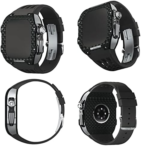 Kanuz Carbon Fiber CASE i Fluororbeber band Komplet za pretvorbu, za Apple Watch seriju 8 7 45mm, karbonska vlakna + fluororberni gumeni remen za iWatch 6 5 4 SE 44mm