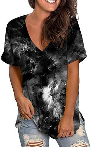 Womens V izrez T majice kratki rukav Split ljetni vrhovi Dressy Casual Basic Tees Pejzažno slikanje Tunic Top Bluuse 2023