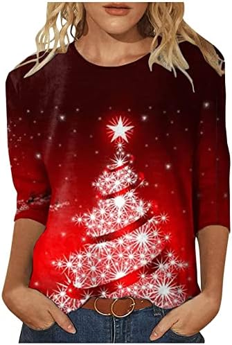 Majica za božićnu jelku za žene 2022 Funny Cute Santa Claus Print 3/4 rukav O vrat Tees Novelty X-Mas bluza Tops