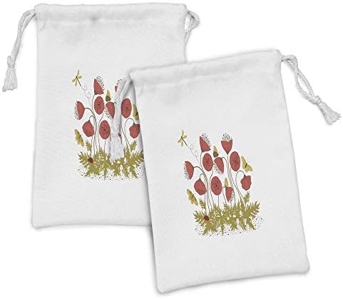 Ambesonne cvjetna torbica TOUCK set od 2, poppies DragonFlies Butterfies Ladybug, mala torba za vuču za toaletne potrepštine maske i favorize, 9 x 6, koralj blijeda bijeli