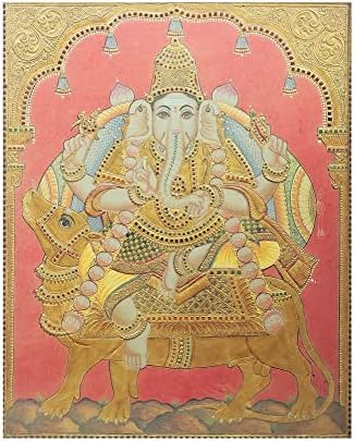 Egzotična Indija Lord Ganesha sjedi na slici pacova Tanjore / tradicionalne boje sa 24k zlatom / okvir od Teakwooda |