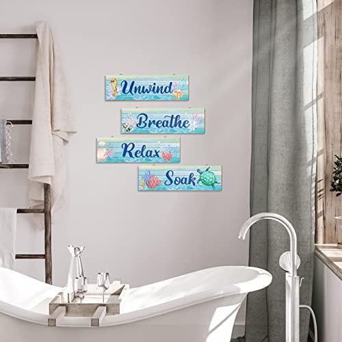 4 komada kupatilo dekor ljeto Ocean tema kupatilo znak Relax namočite odmotajte disati Wall Art plaža drvena plava morska kornjača kupatilo zid umjetnost za seoska kuća kućna kupaonica vešeraj kupaonica