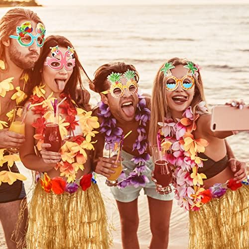 Zhanmai 36 pakovanja ljetni havajski kostim 12 Luau Hula suknje muticolor elastična tropska trava suknja 12 Havajski leis ogrlica 12 Havajski smiješni papirni naočale za ljeto Luaur Rođendanske zabave u favoru