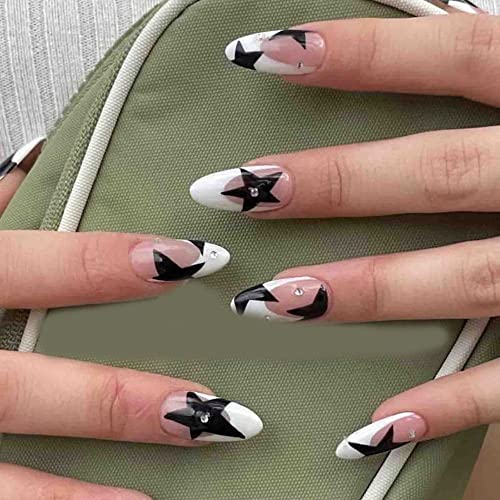 Andy's Orchids Almond Press na noktima, francuski vrhovi za nokte srednje dužine sa dizajnom Black Star, full Cover lažni nokti lažni Bails za žene djevojke, 24kom