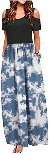 Žene 2023 ljetne maxi hladne ramelne duge haljine sa džepom casual trendi blok boja blok patchwork haljina