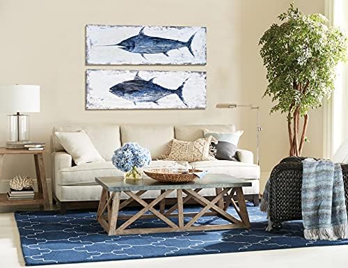 BATRENDY ARTS Swordfish Canvas Wall Art plava i bijela slika ribe okeanska plaža tema slika ručno obojena
