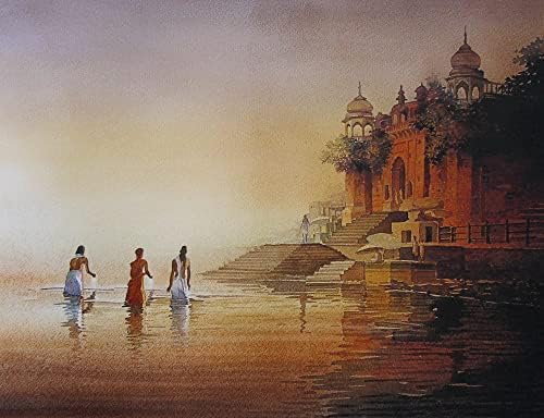NOVICA Earthtones ili neutralni Hinduizam realističke Slike Slika iz Indije 'Banaras Ghat I'