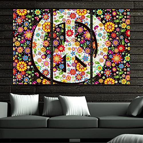 Zidna umjetnost za dnevni boravak, ulje na platnu Veliko uokvireno hipi cvijeće simbol mira umjetničko djelo za dekor kućne spavaće sobe 24x48