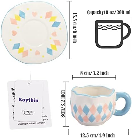 Koythin keramička šolja sa tanjirom, slatka kreativna šalica jednostavnosti Jedinstveni nepravilni dizajn za ured i dom, perilicu posuđa i mikrovalnu pećnicu, 10 oz / 300 ml za latte čaj mlijeko