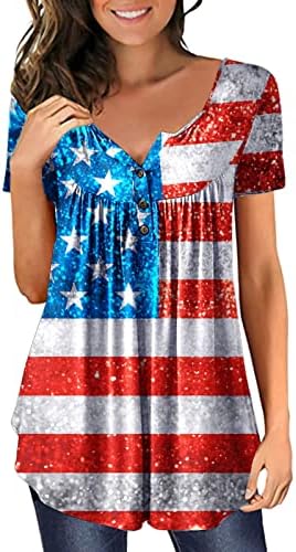 Žene povremene tunike na vrhu koje će se nositi sa gamašima američka košulja za zastave kratki rukav slobodni Henley Bluzes Botton up tshirts 2023