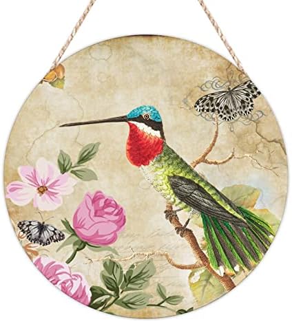 Dobrodošli za zid Vintage Green Bird Cvjetni leptir Okrugli Wood Sign Cvijeće Bouquet Drvena ploča 16in