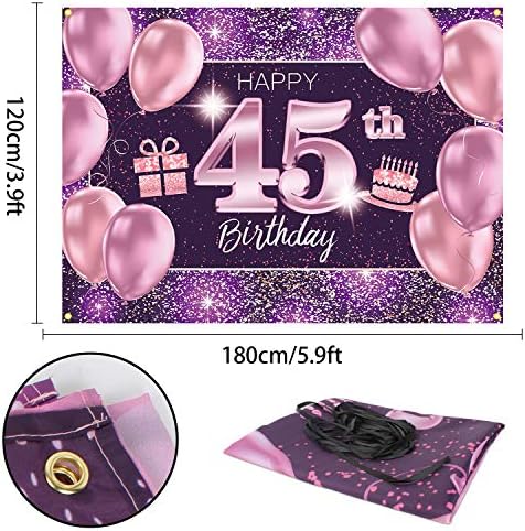 Pakboom Happy Banner 45. rođendan Backdrop - 45 rođendanske zabave Oprema za žene - ružičasta ljubičasta