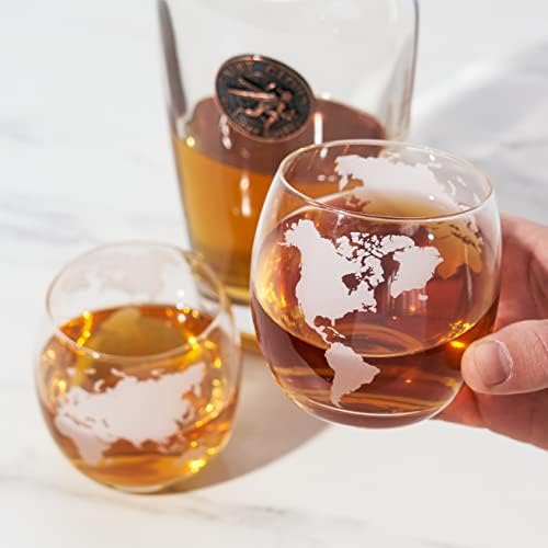Viski Globe čašice za viski, Set od 2, urezano staklo za entuzijaste viskija poklon i pribor