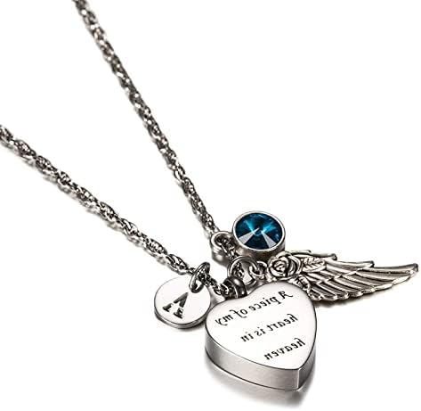 Homxi ogrlica za ljudsko pepeo, srce i krilo sa martnim rodnim kamen i slovom A-Z privjesak od nehrđajućeg čelika URN Srebrna ogrlica