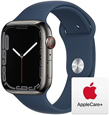 Apple Watch serija 7 [GPS + Cellular 45mm] Smart Watch W / grafitna futrola od nehrđajućeg čelika s ponovnim plavim sportom. Fitness Tracker, krvne kisike i EKG aplikacije, uvijek na mrežnom ekranu, vodootporan