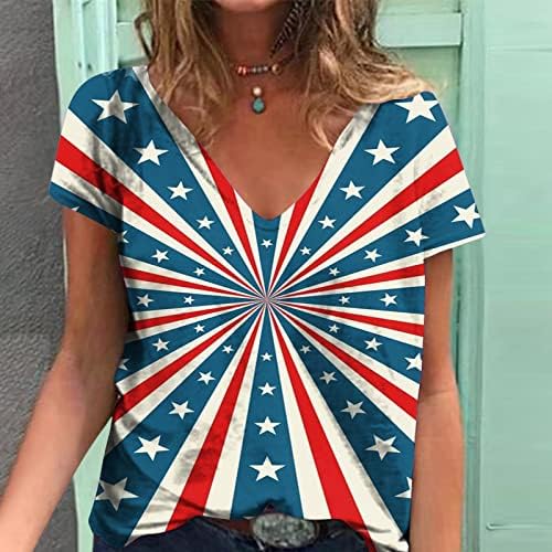 Ausyst Womens T majice Kratki rukav V izrez Pulover Američke zastava Thirts 4. jula Stripske pruge Print