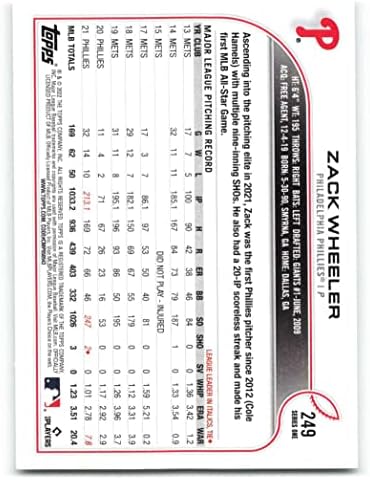 2022 TOPPS 249 Zack Wheeler Philadelphia Phillies Službeni MLB bejzbol trgovačka kartica u sirovom stanju